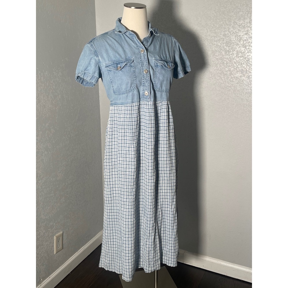 Jones New York Sport Denim Gingham Maxi Dress Blue White Cottagecore Medium USA